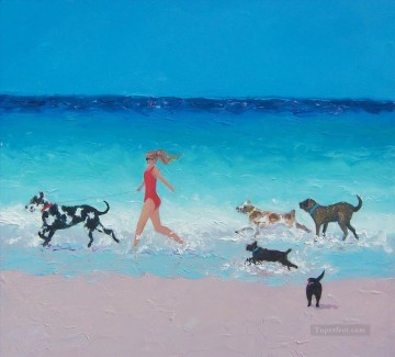 Niña y perros corriendo en la playa Impresionismo infantil Pinturas al óleo